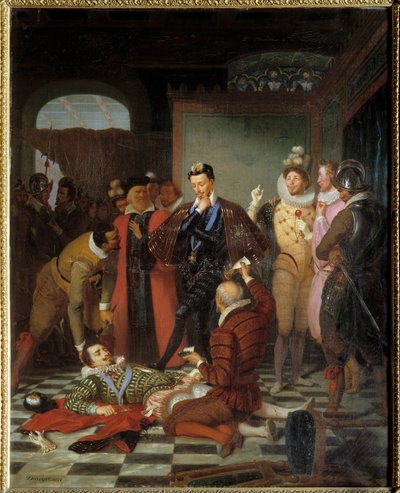 Jindřich III. francouzský král tlačí tělo Henriho I. Lotrinského, vévody z Guise zvaného Balafre (1550-1588) po jeho zavraždění na zámku Blois od Charles Barthelemy Durupt