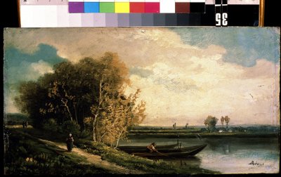 "La berge"" (Pobřeží) Krajina u řeky s rybářem a rolnicí. Obraz Charles Barthelemy Jean Durupt (1804-1838) Muzeum umění Michaila Krošitského z 19. století, Sevastopol (Sevastopol) Ukrajina od Charles Barthelemy Durupt