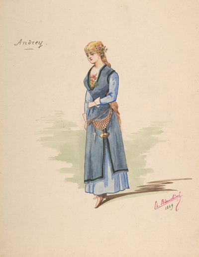 Návrh kostýmů pro Andrey [a], Popisný list doplňků [b], 1889. od Charles Bianchini