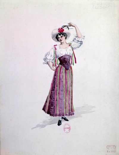 Kostým mladé ženy (Nedda nebo Colombine?) pro operu “” Paillasse”” (komedianti, klauni) od Ruggera Leoncavalla (1857-1919) z roku 1892. Akvarel od Charlese Bianchiniho (1860-1905) od Charles Bianchini