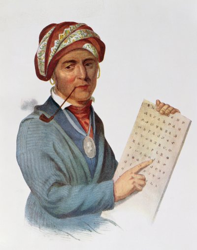 Se-quo-yah nebo George Guess, 1828, ilustrace z knihy "The Indian Tribes of North America, Vol.1", Thomas L. McKenney a James Hall, vyd. John Grant. od Charles Bird King