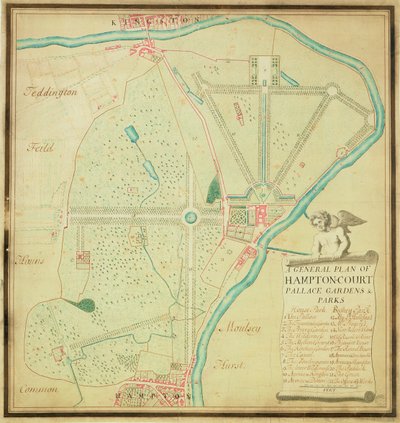 A General Plan of Hampton Court Palace Gardens and Parks, c.1713 (pero & inkoust a wc na papíře) od Charles Bridgeman