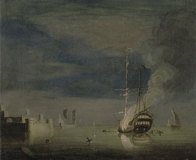 Dvoupatrový požár v noci z pevnosti, kolem roku 1740 (olej na plátně) od Charles Brooking