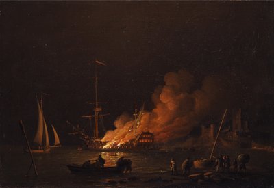 Hořící loď v noci od Charles Brooking