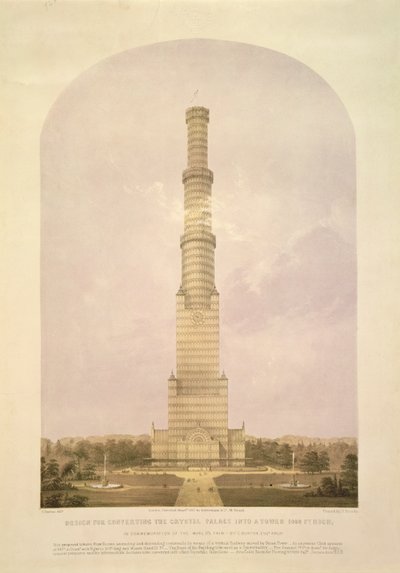 Návrh na přestavbu Křišťálového paláce na 1000 stop vysokou věž, nakladatelství Ackermann und Co., 1852. od Charles Burton