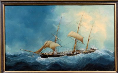 Plachetnice se třemi rohožemi za letu Obraz Charlese Cheri Dubreuila (Cheri-Dubreuil) (1828-1880) 1865 - Fecamp. Musee Des Terre Neuvas – Třístěžňová loď prchající. Obraz Charlese Dubreuila (19. století) od Charles Cheri Dubreuil