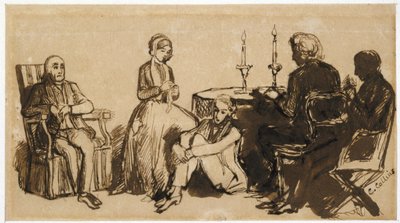Večer v Combesově domě, 1850-51 (pero a hnědý inkoust na světle hnědém papíře) od Charles Collins