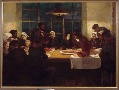 Jídlo na rozloučenou v zemi mořské bretonské rodiny se sešlo u stolu. Centrální panel triptyqye od Charlese Cotteta (1863-1924). 1898 ne. 1,76x2,37 m Paříž, musee d