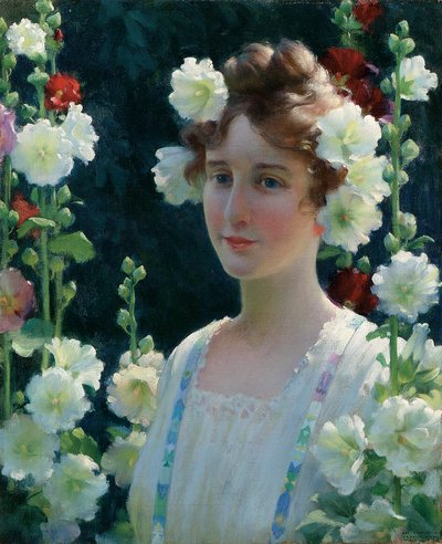 Mezi Hollyhocks od Charles Courtney Curran