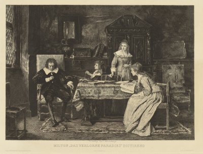 Milton, sedící v křesle, diktuje svůj ztracený ráj jedné ze svých dcer. V den r. r. h. Munkacsy v roce 1878. Na okraji: Ch. Courty d