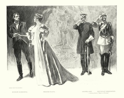 Rudolf Rassendyll, princezna Flavia, plukovník Sapt, poručík Bernenstein (litografie) od Charles Dana Gibson