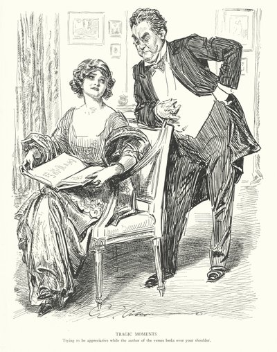 Tragické okamžiky, Snaha být vděčný, zatímco autor veršů se vám dívá přes rameno (litografie) od Charles Dana Gibson