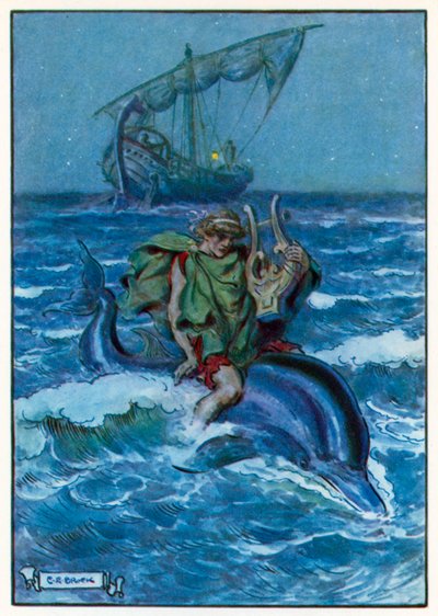 Zjistil, že sedí na velké černé rybě (barevná litografie) od Charles Edmund (after) Brock