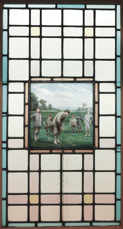 Pozdně viktoriánské okno z olovnatého skla s hráči golfu, c. 1890 od Charles Edmund Brock
