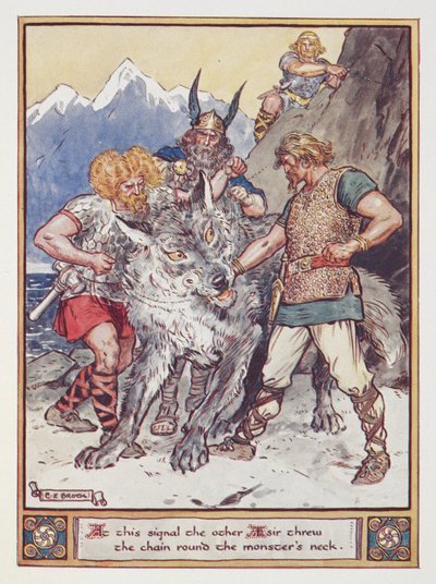 "Na tento signál hodil druhý Esir řetěz netvorovi kolem krku." Tyr slibuje, že připoutá vlka Fenrira, ilustrace z 
