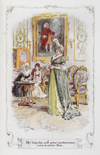 Její paní je s velkou blahosklonností přijala, ilustrace z „Pýchy a předsudku“ od Jane Austenové (barevné lito) od Charles Edmund Brock