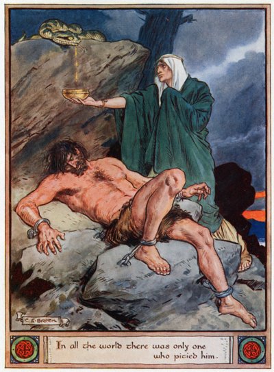 „Na celém světě byl jen jeden, kdo ho litoval“, ilustrace z „Hrdinové z Asgardu, příběhy ze skandinávské mytologie“, od A und E Keary, 1930 od Charles Edmund Brock