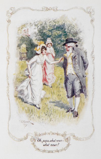 "Ach tati, jaké novinky - jaké novinky?", ilustrace k "Pýcha a předsudek" od Jane Austenové od Charles Edmund Brock
