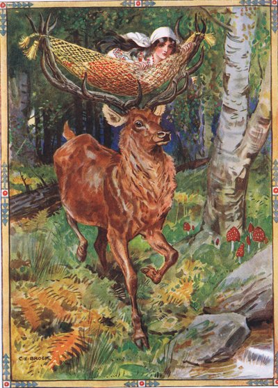 Jelen s hedvábnou houpací sítí z Dětských příběhů z Rumunských legend od Mosese Gastera (1856-1939) 1921 od Charles Edmund Brock