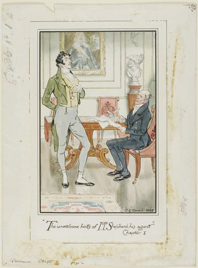 "Nevítané narážky pana Shepherda, jeho agenta," kapitola I" frontispis k románu Jane Austenové Persuasion od Charles Edmund Brock