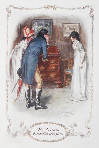 Tento impozantní úvod se odehrál“ Georgina Darcy a její bratr Fitzwilliam Darcy s Elizabeth Bennet, ilustrace k „Pýchě a předsudku“ od Jane Austenové od Charles Edmund Brock