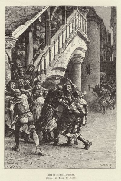 Mort de Jacques Artevelde. Smrt vlámského obchodníka a politického vůdce Jacoba van Arteveldeho z rukou davu v Gentu od Charles Edouard Delort