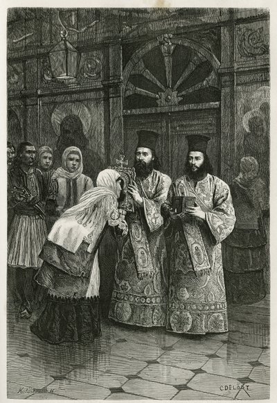 Pritres líbající svaté obrázky, rytina Ch. Delort, pro ilustraci plavby Henri Belle do Řecka v letech 1861, 1868 a 1874, publikovaná v tour du monde pod vedením Edouarda Chartona od Charles Edouard Delort