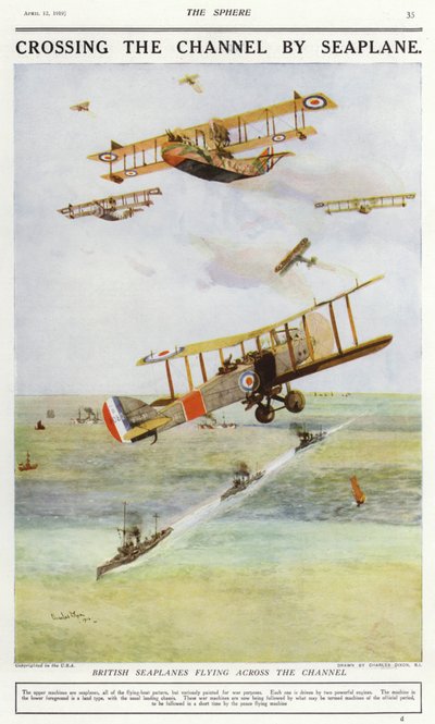 Britské hydroplány létající přes Lamanšský průliv (barva litho) od Charles Edward (after) Dixon