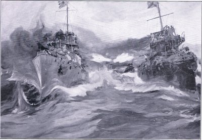 Boj mezi torpédoborci, ilustrace z Cassells Historie rusko-japonské války Vol 1, kolem roku 1900 od Charles Edward Dixon