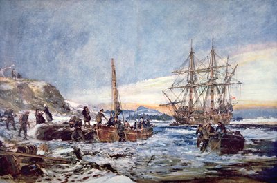 Přistání otců poutníků v Plymouthu, Nová Anglie v roce 1620 (akvarel na papíře) od Charles Edward Dixon