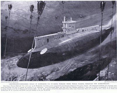 Nadporučík Boyle udělil VC za obcházení tureckých min ve své ponorce při průjezdu Dardanelami 1915 od Charles Edward Dixon