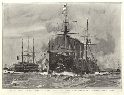 Odjezd pana Chamberlaina do Jižní Afriky, H M S Good Hope vyjíždějící z přístavu Portsmouth od Charles Edward Dixon
