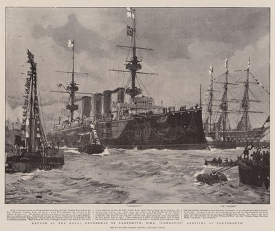Návrat námořních obránců Ladysmith, HMS Powerful připlouvající do Portsmouthu od Charles Edward Dixon