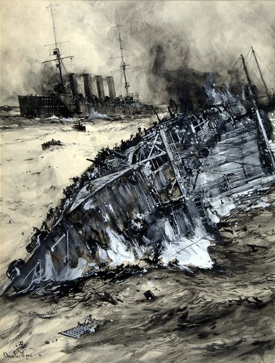Potopení HMS Hogue, Cressy a Aboukir (wc na papíře) od Charles Edward Dixon