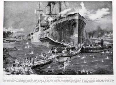 Vylodění na poloostrově Gallipoli, ilustrace z „Hutchinsonova příběhu britského národa“, kolem roku 1920 od Charles Edward Dixon