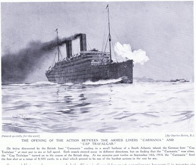 Zahajovací akce mezi ozbrojenými parníky Carmania a Cap Trafalgar, jižní Atlantik, září 1915 od Charles Edward Dixon