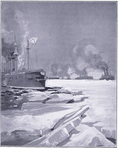 Vladivostocká eskadra se prodírá ledem z přístavu Vladivostok, ilustrace z knihy Cassells History of the Russo-Japanese War Vol. 1, cca 1900. od Charles Edward Dixon
