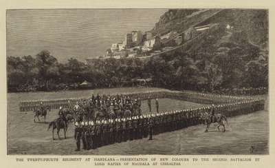 Dvacátý čtvrtý pluk v Isandlaně, představení nových barev druhému praporu lordem Napierem z Magdaly na Gibraltaru od Charles Edwin Fripp
