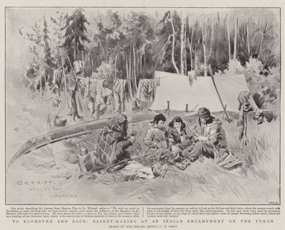 Na Klondyke a zpět, košíkářství v indickém tábořišti na Yukonu (litho) od Charles Edwin Fripp