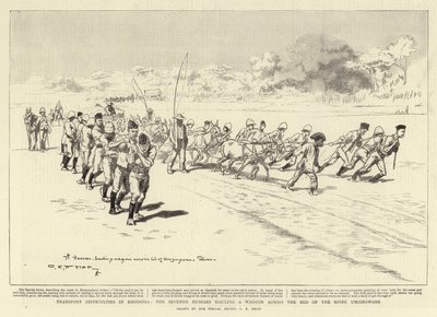 Dopravní potíže v Rhodesii, sedmý husarský pluk táhne vůz přes koryto řeky Umzingwane od Charles Edwin Fripp