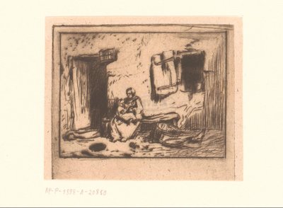 Žena s dítětem na lavičce proti fasádě od Charles Emile Jacque (attributed to)