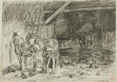Interiér kovárny (recto); muž v předklonu, pohled ze čtení (verso) od Charles Emile Jacque