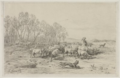 Krajina se stádem ovcí, 19. století. od Charles Emile Jacque