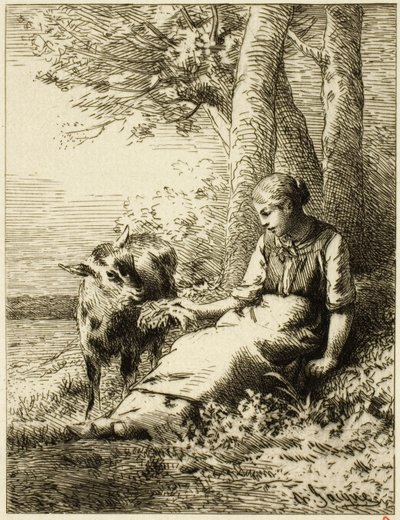 Pastýř se stádem ovcí na okraji dřeva od Charles Emile Jacque