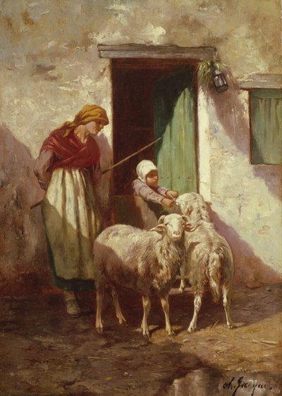 Pastýřka s dítětem a dvěma ovcemi od Charles Emile Jacque