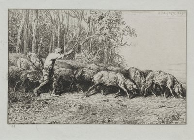 Stádo pórů vycházejících z lesa. od Charles Emile Jacque