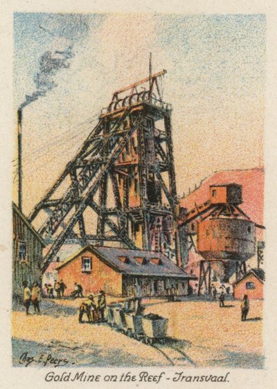 Jihoafrická republika: Zlatý důl na útesu, Transvaal (barevná litografie) od Charles Ernest Peers