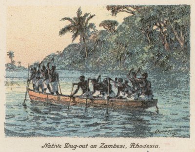 Jihoafrická republika: Domorodý dug-out na Zambesi, Rhodesie (barevná litografie) od Charles Ernest Peers