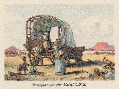 Jižní Afrika: "Outspan on the Veld", OFS (barevná litografie) od Charles Ernest Peers