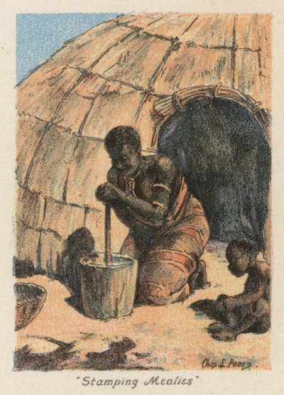 Jižní Afrika: "Stamping Mealies" (barevná litografie) od Charles Ernest Peers